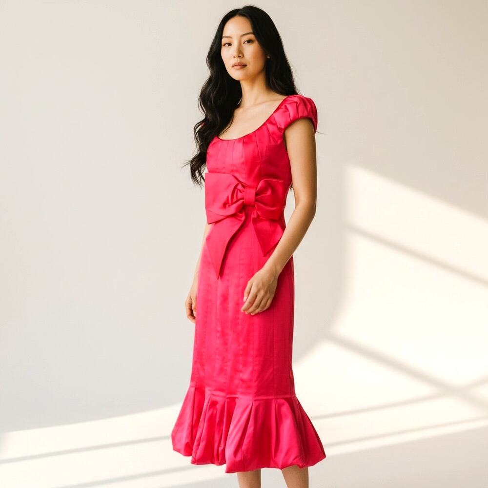 Karen Millen Red Satin Bow Midi Dress US 6 UK 10 EU 38 Mermaid Ruffle